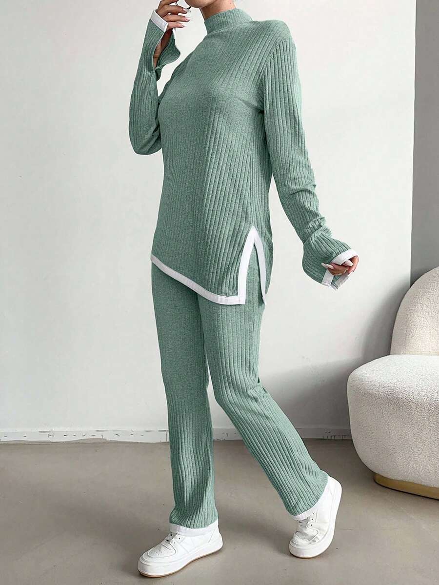EURMUSE Cotton Contrast Binding Split Hem Tee & Pants - Mint Green - View 1