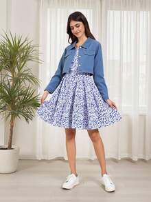 SHEIN 2 件套青少年女童碎花休闲夏装和单排扣长袖夹克套装，适合度假、夏季、旅行