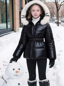 SHEIN Teen Girl Waist Cinched Padded Coat, Shiny Black Hooded Coat With Faux Fur Collar Fall Winter - Black - View 7