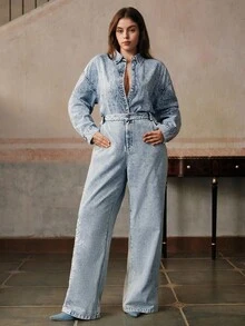 Anewsta Fashionable Embroidered Blue Denim Blouse - Blue - View 7