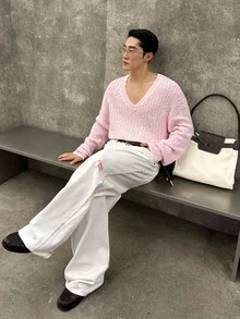 SWAVVY 男士纯色 V 领落肩长袖休闲针织圆领粗花呢毛衣，秋冬 - 粉色 - 查看 1