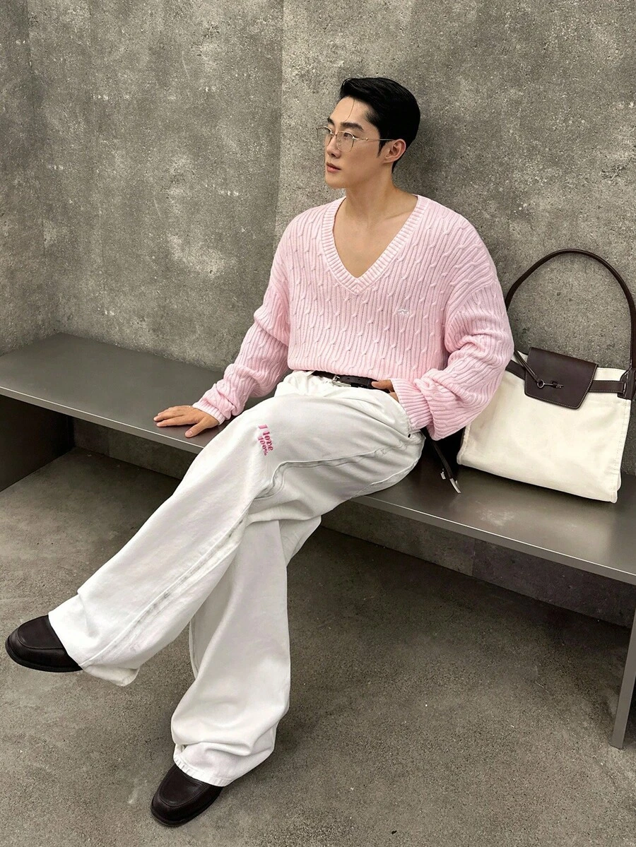 SWAVVY 男士纯色 V 领落肩长袖休闲针织圆领粗花呢毛衣,秋冬 - 粉色 - 查看 1