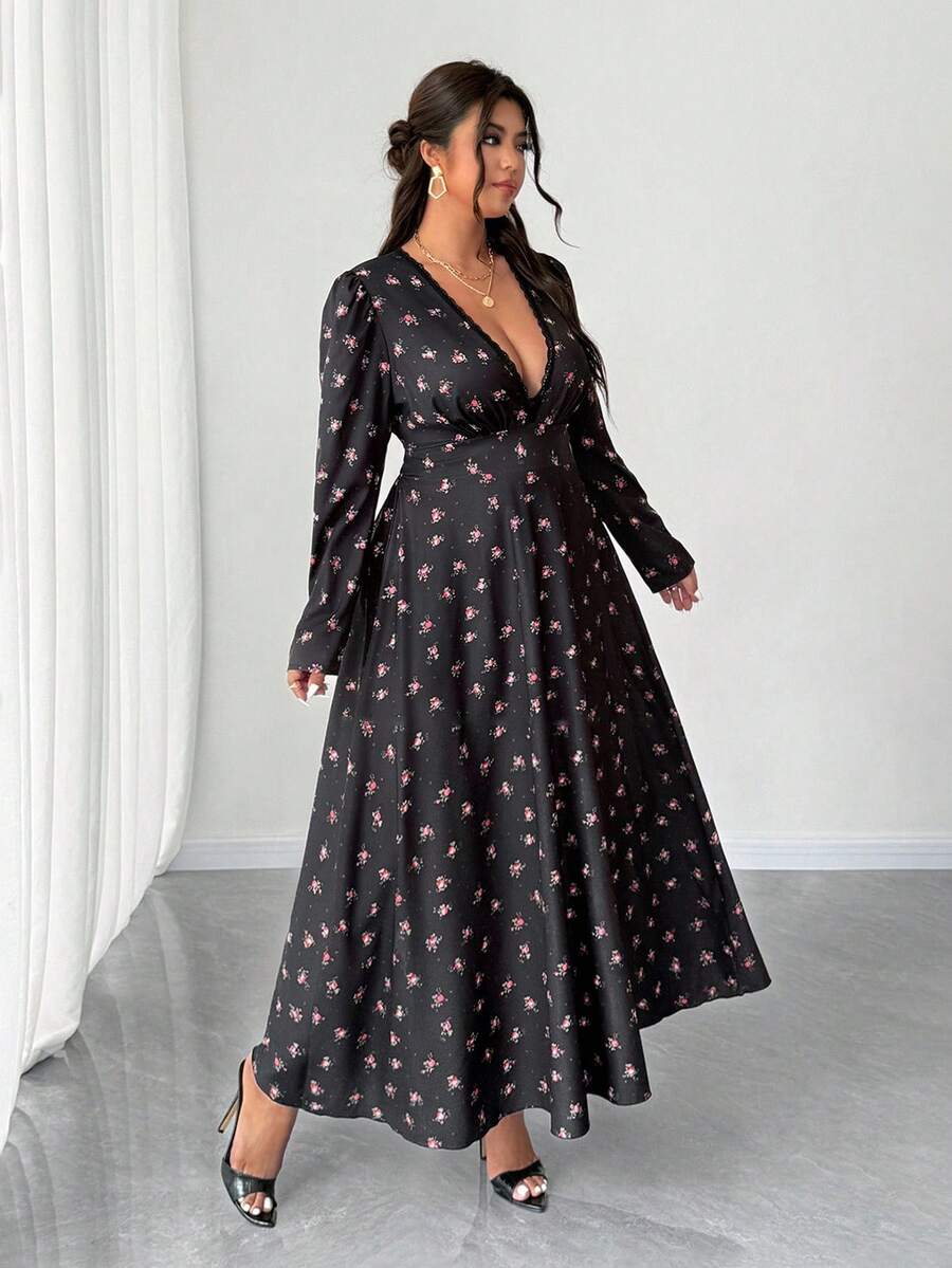 Elenzga Große Größen sexy & elegantes Ditsy Blumen Kleid mit tiefem V-Ausschnitt - Schwarz - Übersicht 1