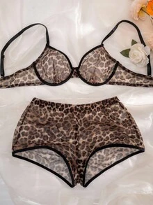 SHEIN 2pcs Mesh Leopard Print Underwire Bra And Panty Set - Multicolor - View 6