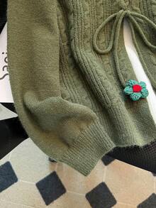 Franclia French Casual Style Olive Green V-Neck Ruffled Trim Pom Pom Knit Pullover Sweater