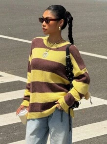 Muchica Fall Women Clothes Korean Style Women's Casual Loose Fit Drop Shoulder Pullover Sweater Brown And Yellow Striped Sweater