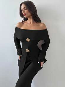 Firerie 2 件套女士优雅露肩长袖上衣和裤子套装，适合秋冬季通勤 - 黑色 - 查看 2