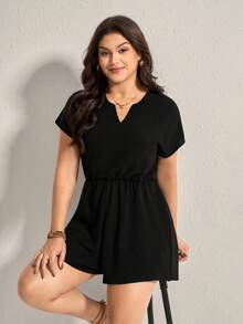 Comfylo Plus Size Women Fashion Solid Color Short Sleeve V-Neck Jumpsuit - Black - View 1