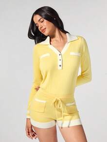 Menodora SHEIN Sport 秋冬女式撞色长袖 Polo 领休闲抽绳腰针织连体衣 - 黃色 - 查看 2