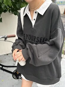 DAZY 女式 Polo 领半拉链字母印花宽松街头休闲运动衫 - 灰色 - 查看 2