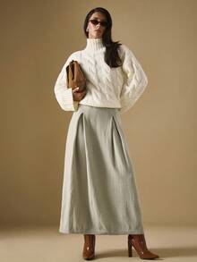 Briarwyn Fall Women's Solid Color Casual Long Knitted Midi Skirt, Fall/Winter, Back To School,Fall Old Money Style - Light Grey - View 2