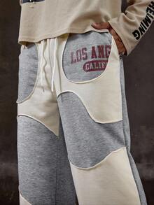 ROMWE MEN Prep Men's Casual Contrast Color Patchwork Letter Print Sweatpants - Multicolor - View 2