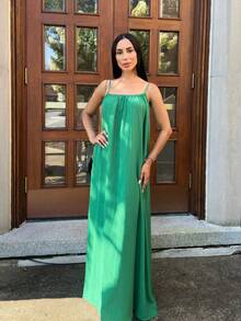 Carolina Barros 2025 年夏季新款音乐节、复活节、圣帕特里克节、西部、波西米亚风格连衣裙，适合生日派对、毕业典礼、学生、日常休闲、度假、邮轮、海滩、日光浴、时尚无袖可调节肩带、宽松版型、宽条纹纹理、卡其色、女式连衣裙 - 綠色 - 查看 4