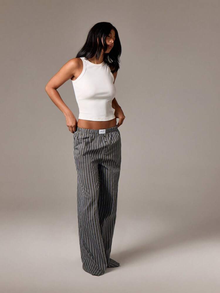 Striped Wide Leg Trousers With Button Fly