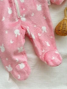 SHEIN 2 件套新生婴儿女孩/男孩可爱毛茸茸卡通星星和兔子图案连体睡衣套装，秋冬 - 彩色 - 查看 6