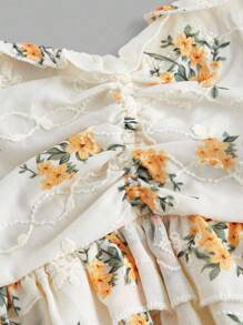 SHEIN MOD 大码蓝白刺绣荷叶边上衣，浪漫度假风上衣 - 黃色 - 查看 3