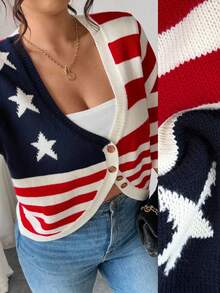 Elenzga Plus Size Fashionable Versatile Short Casual Striped Cardigan American Flag Top Patriotic Top 4th Of July Top Red White And Blue Top American Flag Cardigan Winter Fall Autumn - Multicolor - View 12