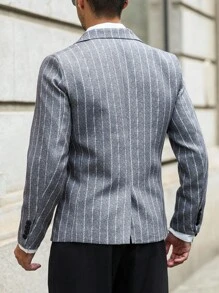 Manfinity Bizformal Men's Casual Commuter Striped Mandarin Collar Double-Breasted Suit Jacket, Autumn Sumwon Flannel - Grey - View 2