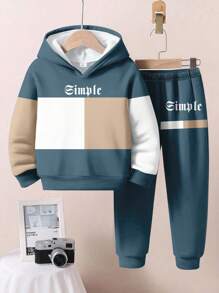 SHEIN 2件套年轻男孩休闲宽松拼色简约高级简约蓝灰色、卡其色、米色宽松长袖连帽衫套装