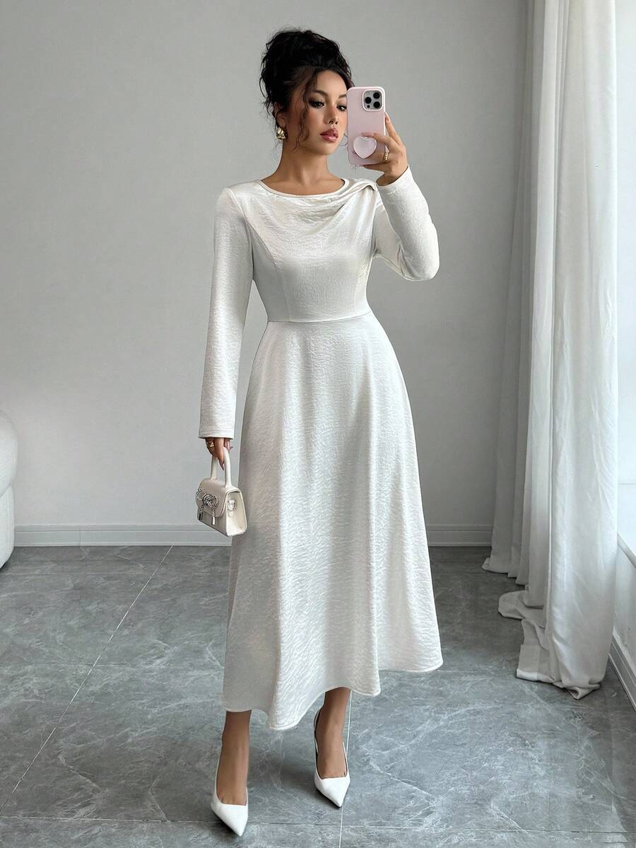 SHEIN Franclia Women's Elegant Satin Satin Dress, Suitable For Commuting And Dating Fall Cloth For Women - Apricot - View 1
