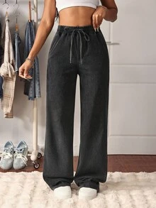 SHEIN Tall Tall Elastic Waist Washed Straight Leg Jeans - Dark Grey - View 1