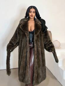 Maweii Große Größen Damen Locker Retro Mode Lässig Elegant Batik Taillengürtel Kragen Langarm Maxi Kunstpelz Mantel, Herbst/Winter - Kaffeebraun - Übersicht 4