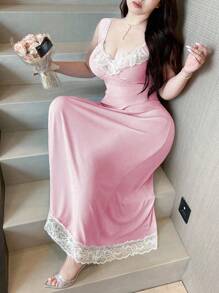 Vibekara Vestido de manga corta con cuello de diamante, contraste acanalado y volantes para tallas grandes - Rosa - Ver 5