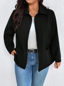 EMERY ROSE Women's Plus Size Popular Fuzzy Contrast Color Thermal Lined Casual Comfortable Pocket Zipper Jacket, Autumn/Winter Fall Cloth For Women - Black - View 4