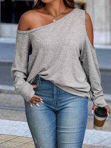 EMERY ROSE Sweatshirt Longgar Lengan Panjang Kerah Asimetris Warna Polos Minimalis Kasual Ukuran Besar untuk Wanita, Cocok untuk Musim Semi/Gugur Musim Dingin - Grey - View 5
