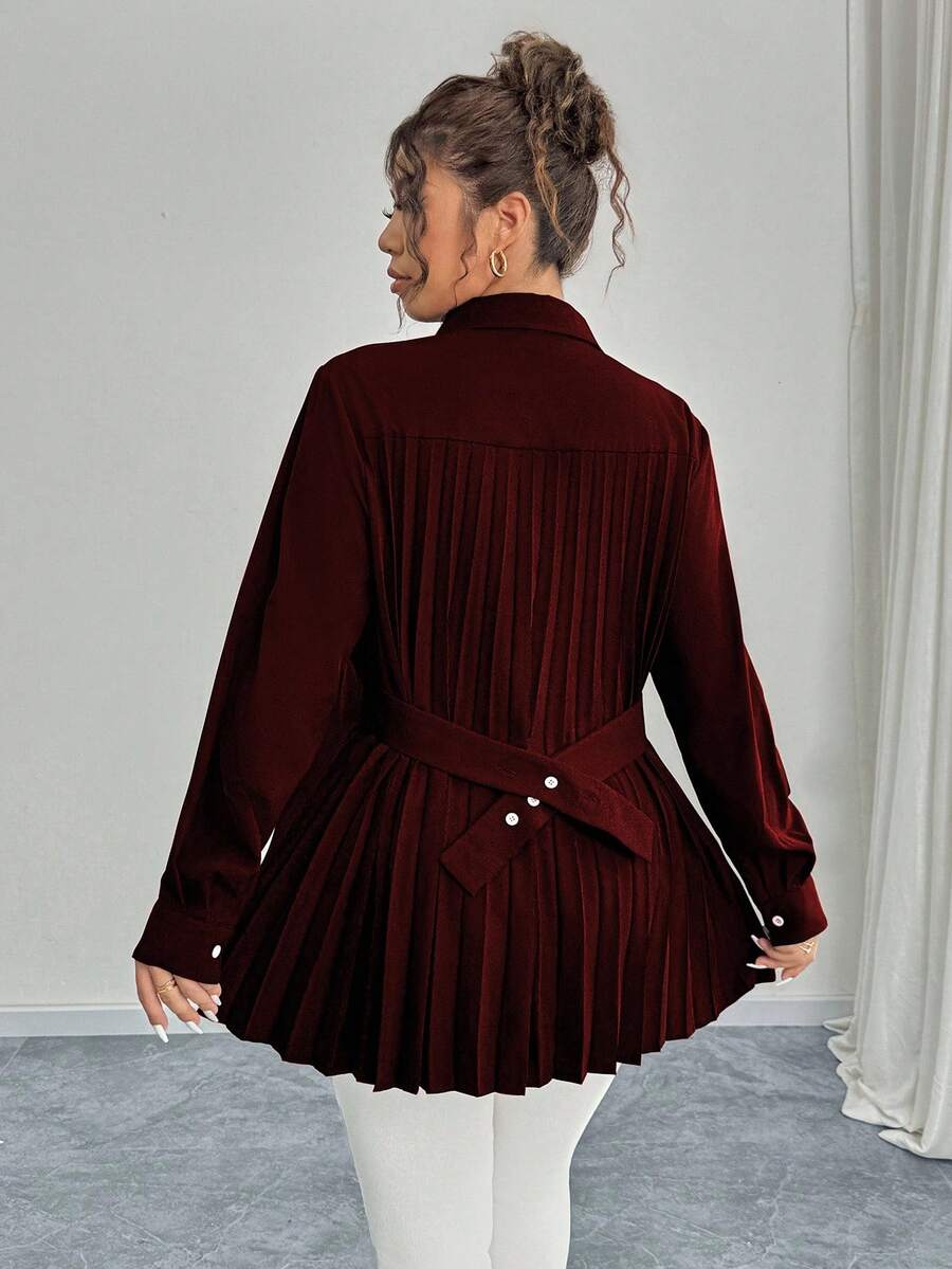 Elenzga Áo cánh xếp ly eo màu đen thanh lịch cho trang phục công sở, mùa thu/đông - Màu Đỏ Sâu - Xem 1