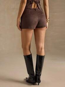 SHEIN BAE Quần short bó cạp thấp màu trơn dành cho nữ - Cà phê nâu - Xem 2