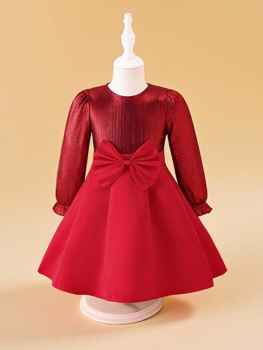 Glamorique Kids Young Girls' Autumn/Winter New Metallic Satin Wedding Dress Design Elegant Party Long Sleeve Dress,Christmas Dress Fall - Burgundy - View 1