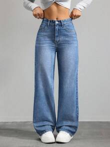SHEIN ICON Quần denim ống rộng cạp cao có túi tiện dụng đa năng cho nữ - Rửa tối - Xem 3