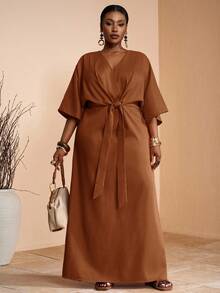 Veslaya 2025 Spring/Summer New Arrival Vacation Casual & Elegant Party & Daily Wear Fitted Solid Khaki V-Neck Raglan Sleeve Waist Tie Slit Hem Woven Textured Fabric Plus Size Maxi Dress