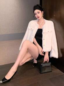 DAZY 女式时尚休闲常规单排扣仿皮草外套韩版女式大衣