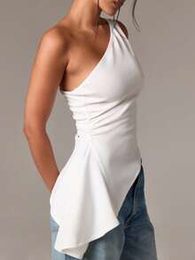 AiiRZ 优雅单肩不对称荷叶边上衣侧褶设计无袖派对晚会婚礼夏季场合引人注目的单品 - 白色 - 查看 1