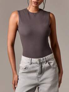 AiiRZ Wide Shoulder Ribbed Tank Top High Neck Basic Sleeveless Body Fitted Classic Essential Layering Summer Spring Top - Dark Grey - View 1