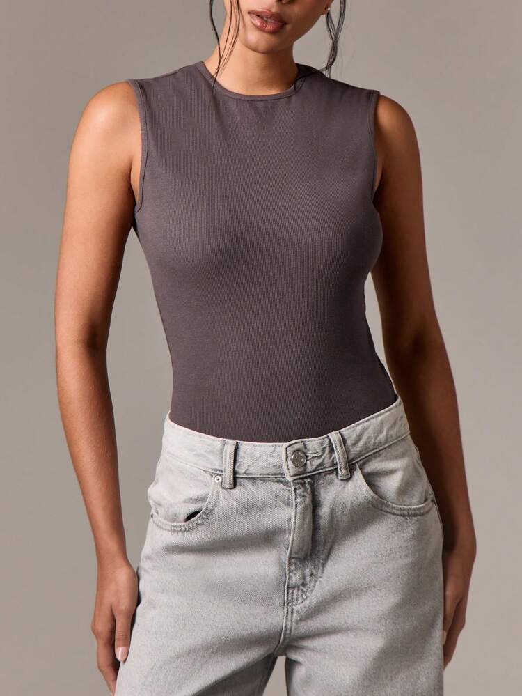 High Neck Ribbed Tank Top With Wide Shoulders