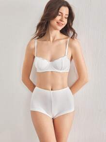 Ocili Set Bra Tanpa Kawat dan Celana Pendek Pinggang Tinggi Katun Rib Leisure Comfort untuk Wanita - Putih - View 6