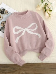 SHEIN Tween 女童可爱休闲拼色白色蝴蝶圆领长袖短款毛衣上衣，适合春季、秋季、冬季、清纯女孩风格、中国新年、情人节 - 粉色 - 查看 3