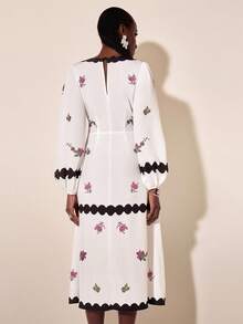 CAJUNI Women's V-Neck Lantern Sleeve Vintage Colorblock Floral Pattern Maxi Dress, Vacation Style