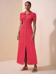 Zivah 2025 New Spring And Summer Casual Elegant Daily Dating Party Commuting POLO Collar Short Sleeves Puff Sleeves Decorative Metal Buckle Fishtail Skirt Open Hip Skirt Black Texture Knitted Fabric Long Skirt Ladies Long Dress