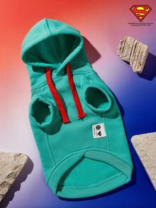 SUPERMAN X PETSIN 1pc Vintage Illustration Print Lake Green Sleeveless Hooded Stylish Fashion Sweatshirt For Pets