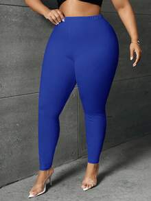 SHEIN SXY Plus Size Women Casual Navy Blue Elastic Waist Leggings - Royal Blue - View 5