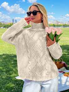 EURMUSE Women Turtleneck Cable Knit Hot Pink Sweater Soft Touch,Jumper,Cream Jumper,Jumpers,Christmas Jumper,White Jumper,Black Jumper,Ladies Jumper,Women's Jumpers - Apricot - View 5