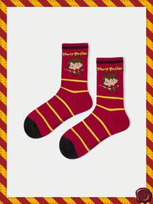 HARRY POTTER X SHEIN 1 Pair Women's Striped And Cartoon Figure Graphic Crew Socks - Red - View 1