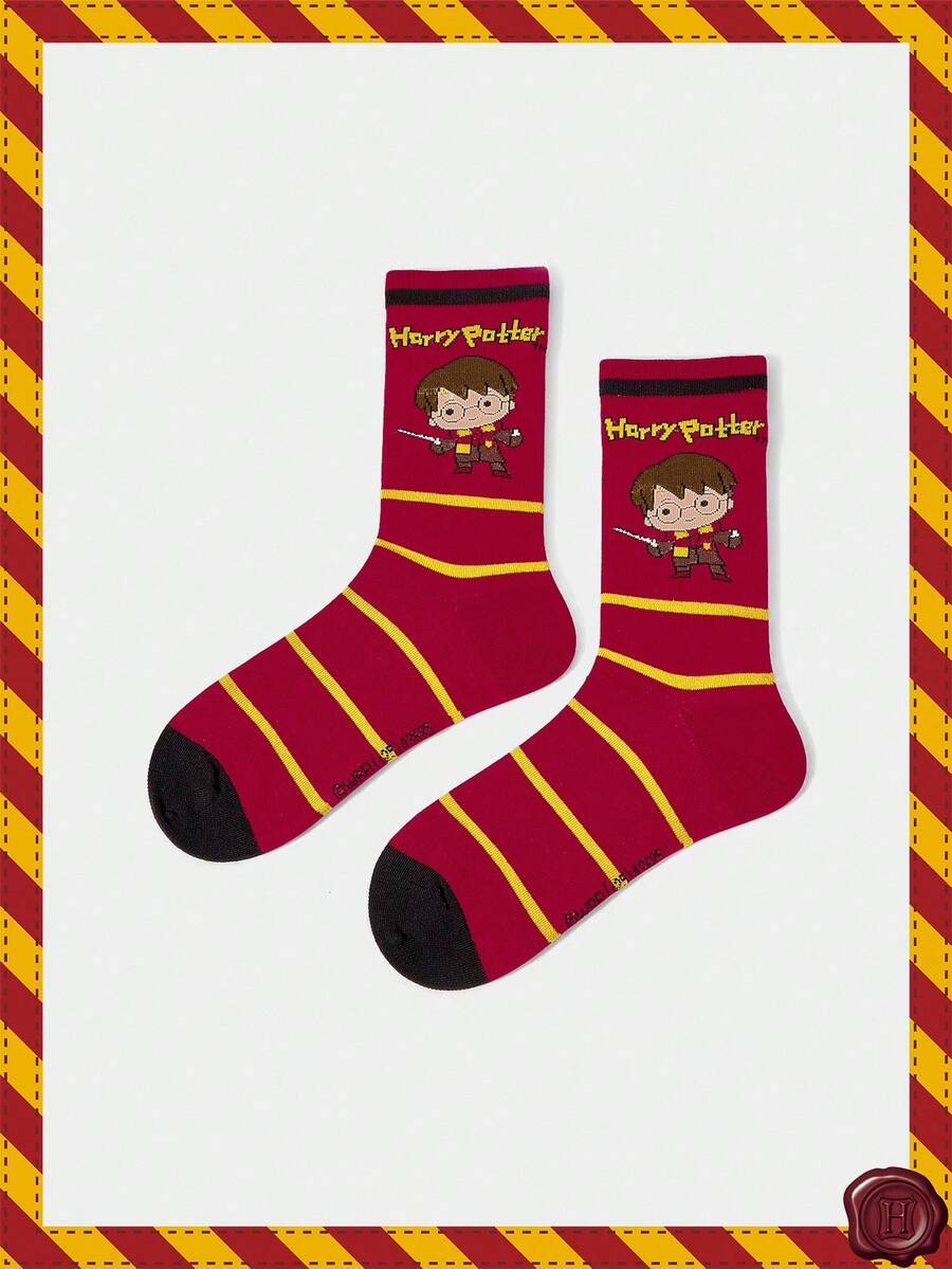 HARRY POTTER X SHEIN 1 Pair Women's Striped And Cartoon Figure Graphic Crew Socks - Red - View 1