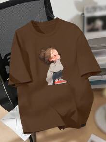 EMERY ROSE Casual Fitted Women's Plus Size T-Shirts With Images Of Little Girls In Padded Coats - Coffee Brown - View 1
