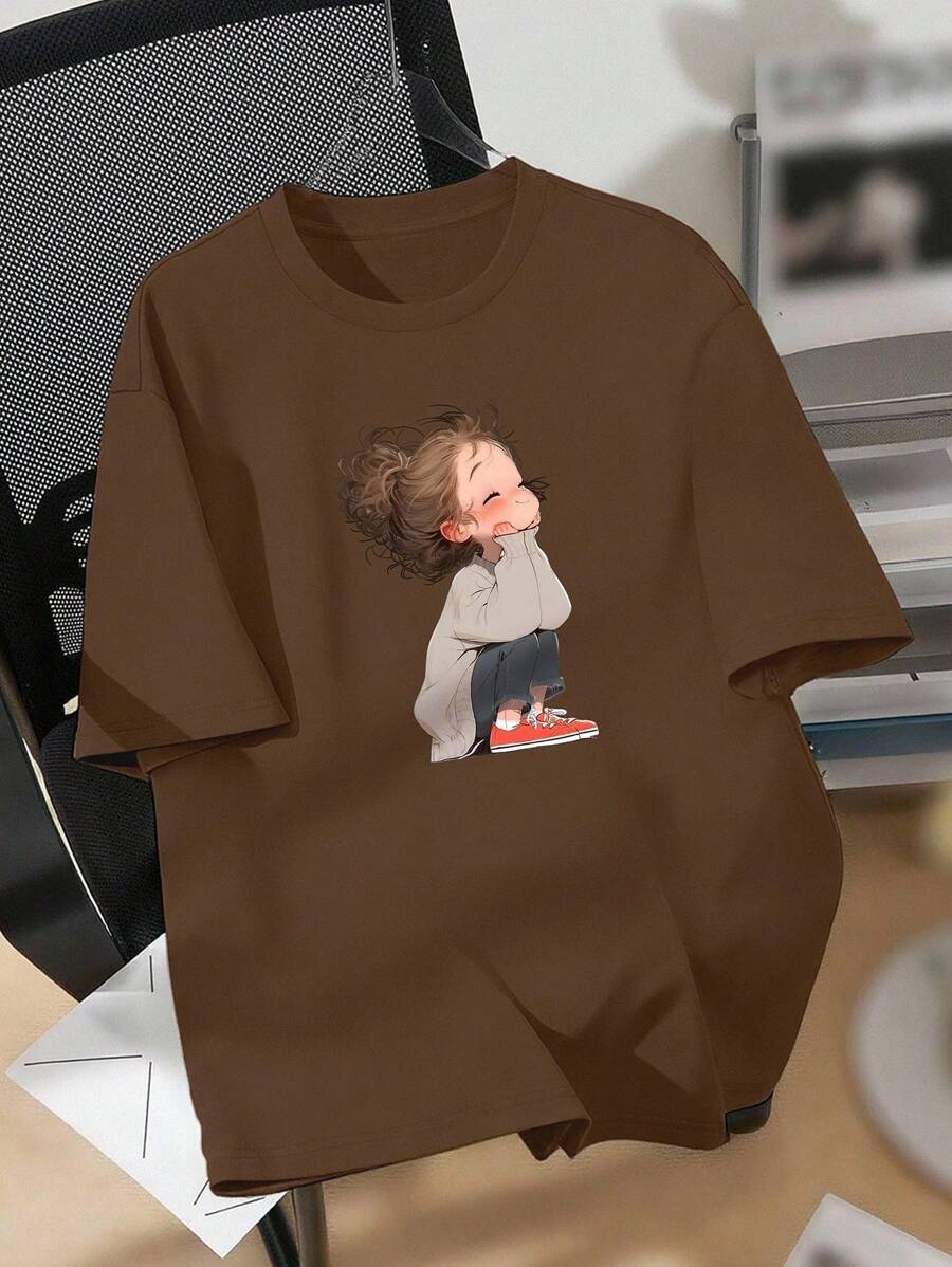 EMERY ROSE Casual Fitted Women's Plus Size T-Shirts With Images Of Little Girls In Padded Coats - Coffee Brown - View 1