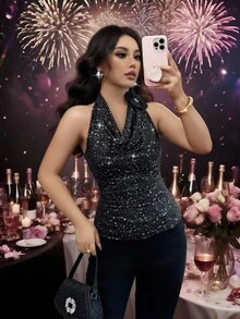 Elenzga Áo ba lỗ cổ khoét sâu màu đen thanh lịch gợi cảm dành cho nữ, không tay, họa tiết hoa 3D, mùa xuân/hè - màu đen - Xem 3